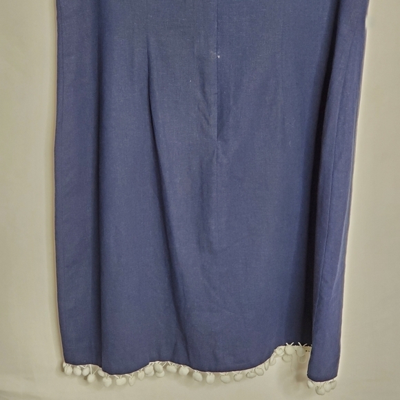 Eliza J Linen Blend Sheath Dress Size 14 Embroidered Neckline Pompom Trim Hem - Picture 7 of 12